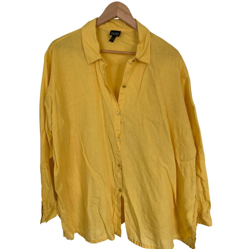 Eileen Fisher Yellow Irish Linen Button Down Shirt XL Oversized Long Sleeve